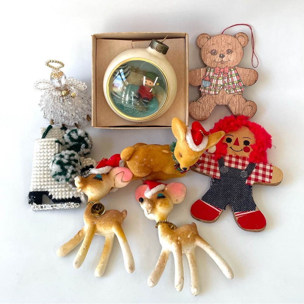 8 Vintage Christmas Ornaments Flocked Reindeer Ice Skates Bear Angel Skater, Etc